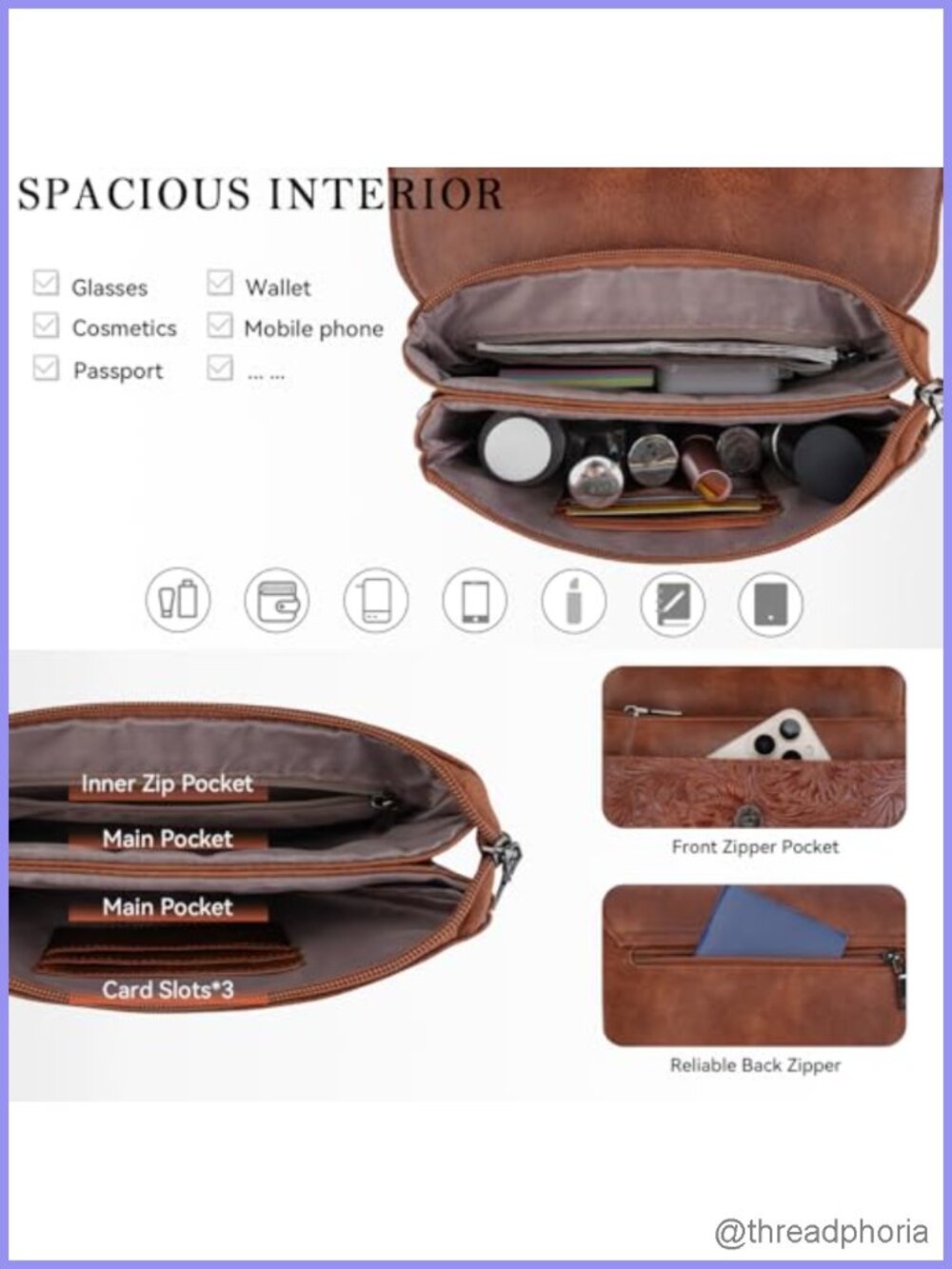 Vegan Leather Crossbody Bag for Women with Phone Pocket and Adjustable Strap - Picture 2 of 6